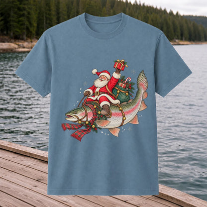 Santa Riding a Festive Rainbow Trout Christmas Fishing Graphic T-Shirt