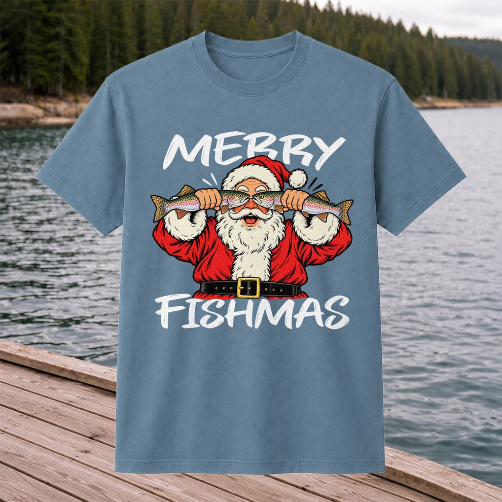 Merry Fishmas Santa Holding Rainbow Trout Christmas Fishing T-Shirt
