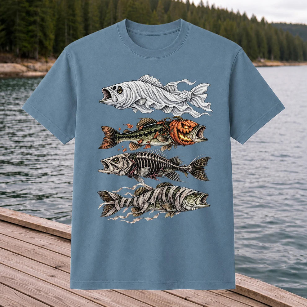 Halloween Bass Ghost Pumpkin Skeleton and Mummy Fish Graphic T-Shirt