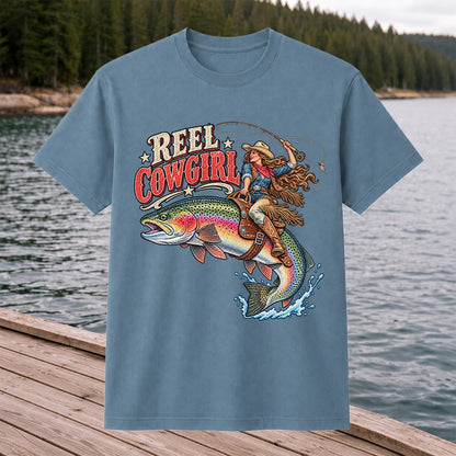 Reel Cowgirl Riding a Rainbow Trout Fly Fishing T-Shirt