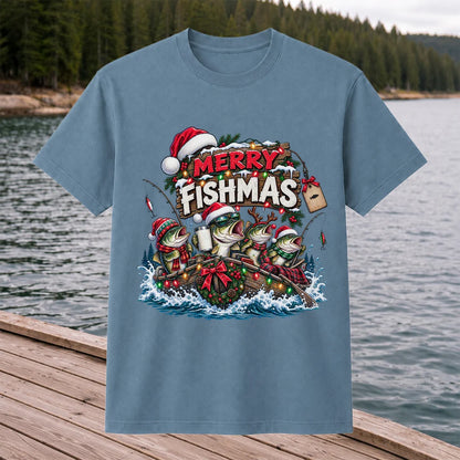 Merry Fishmas Christmas Bass in a Fishing Boat Graphic T-Shirt