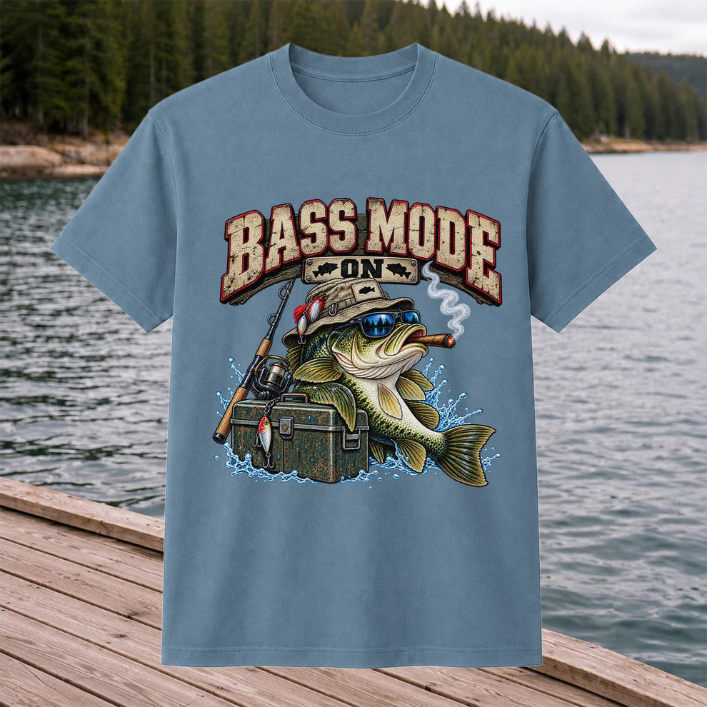 Bass Mode On Funny Bass with Cigar Fishing Graphic T-Shirt