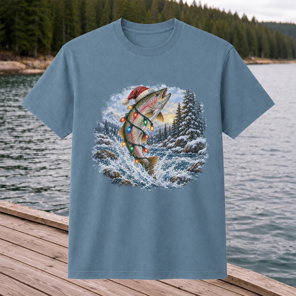 Santa Rainbow Trout with Christmas Lights Fishing T-Shirt