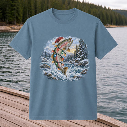 Santa Rainbow Trout with Christmas Lights Fishing T-Shirt