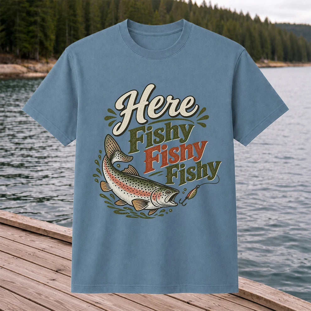 Here Fishy Fishy Rainbow Trout Fishing T-Shirt