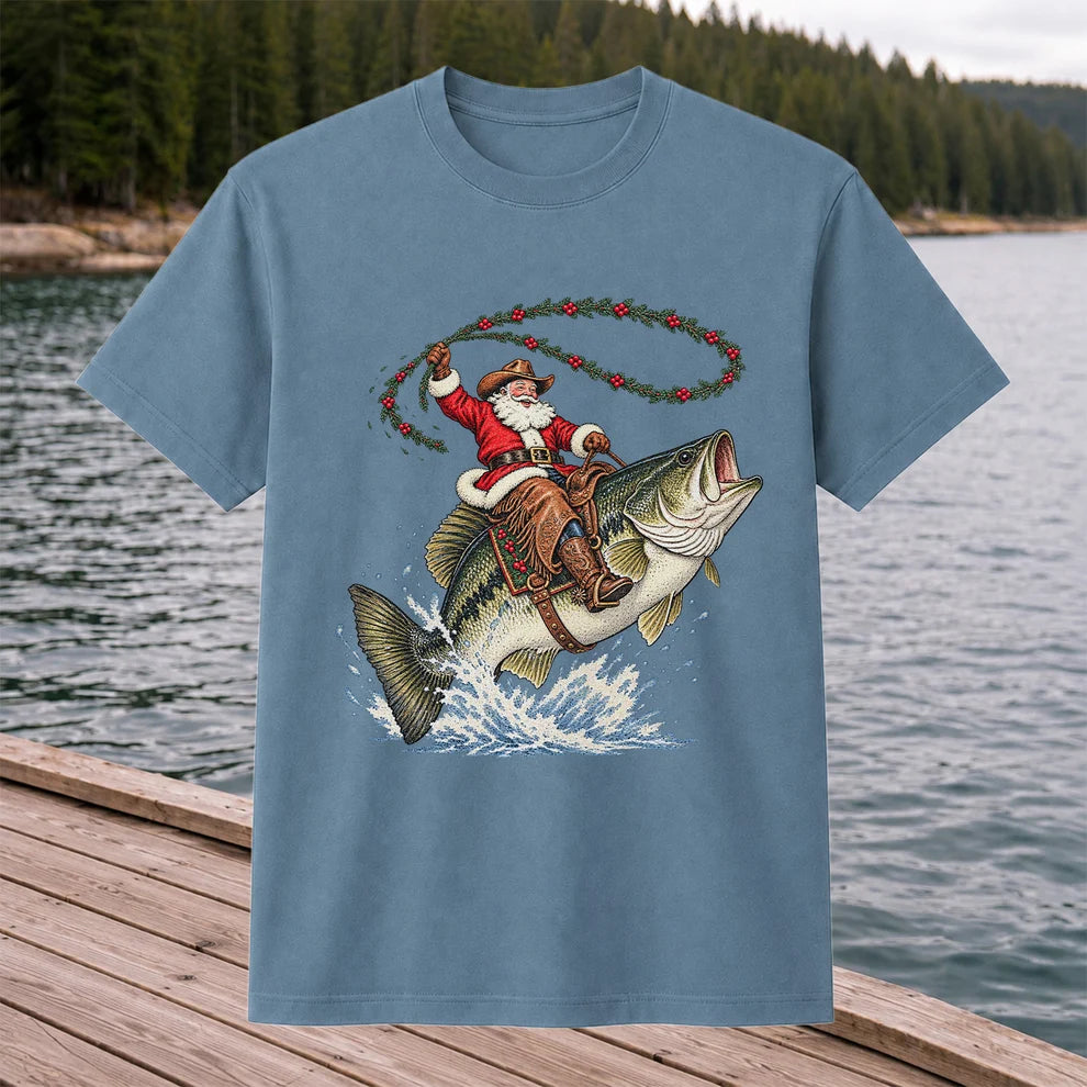 Cowboy Santa Riding a Jumping Bass Christmas Fishing Graphic T-Shirt