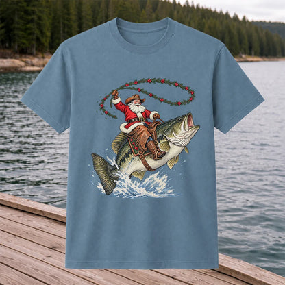 Cowboy Santa Riding a Jumping Bass Christmas Fishing Graphic T-Shirt