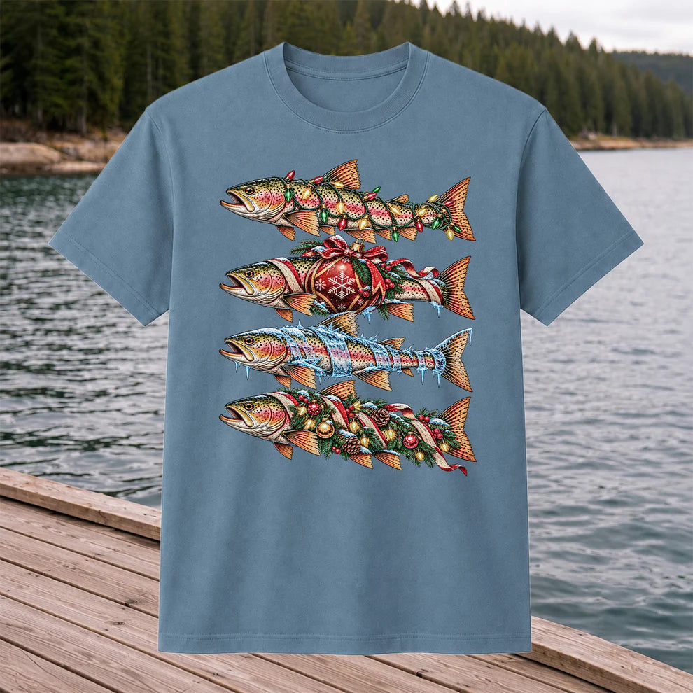 Christmas Rainbow Trout with Holiday Lights Fishing Graphic T-Shirt