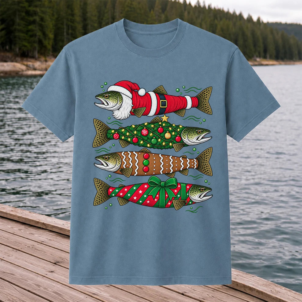 Christmas Trout Santa Tree and Gift Wrap Fishing T-Shirt