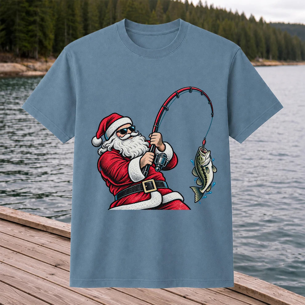 Santa Claus Catching a Bass Christmas Fishing Graphic T-Shirt