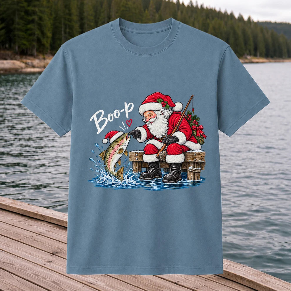 Santa Fishing for Rainbow Trout Christmas Graphic T-Shirt