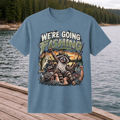 We're Going Fishing Raccoon Outdoor Fishing Graphic T-Shirt