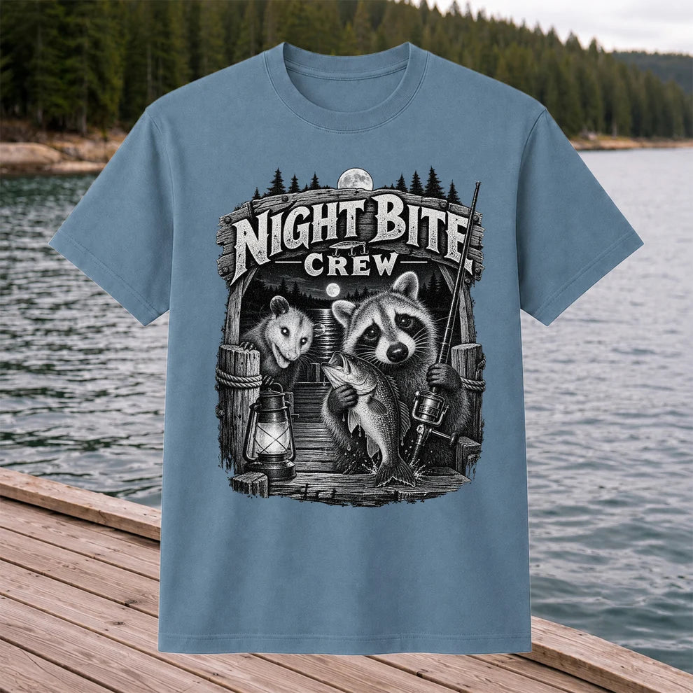 Night Bite Crew Raccoon and Bass Fishing Graphic T-Shirt