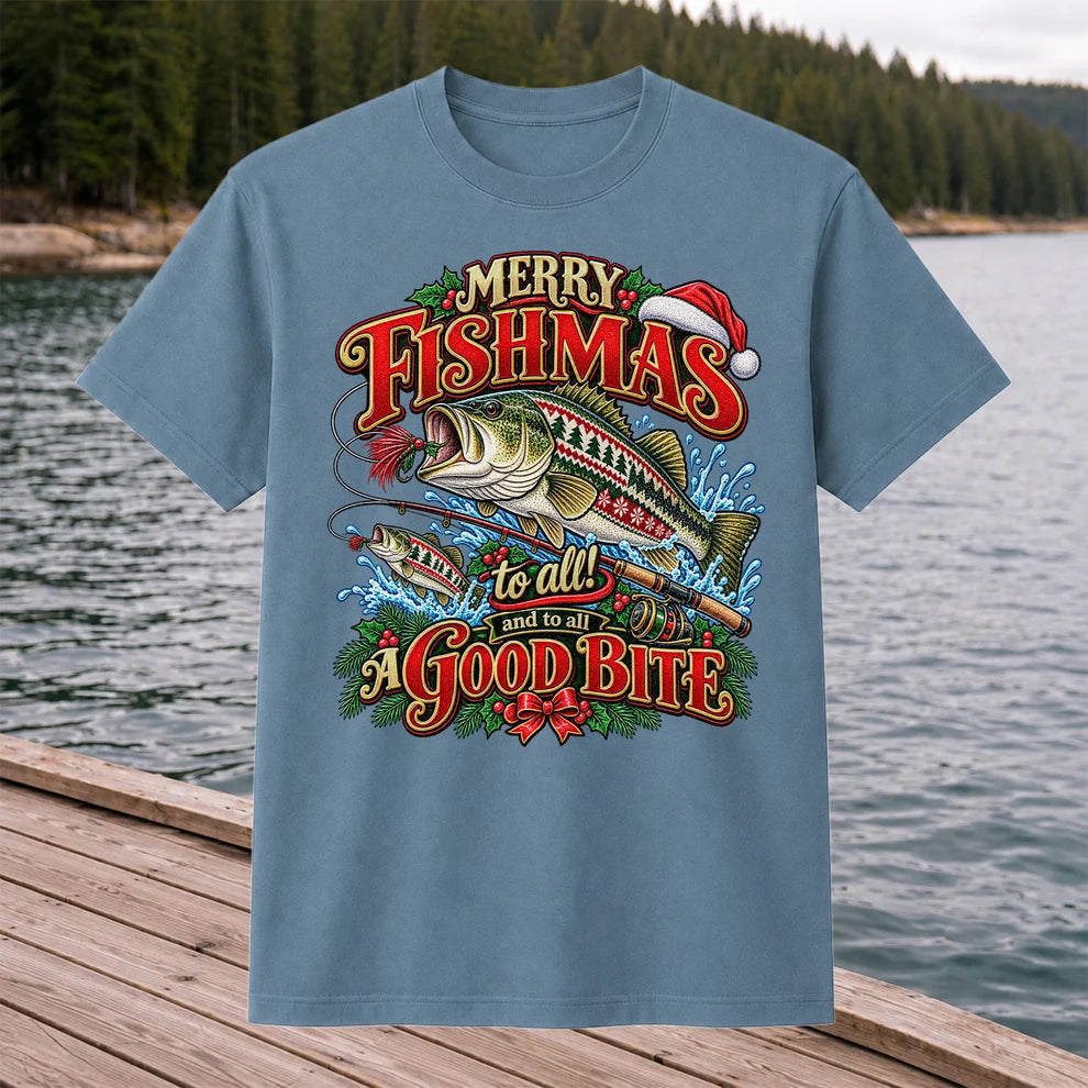 Merry Fishmas Christmas Sweater Pattern Bass Fishing T-Shirt