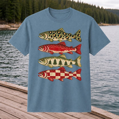 Four Seasonal Trout Patterns Christmas Fishing Graphic T-Shirt