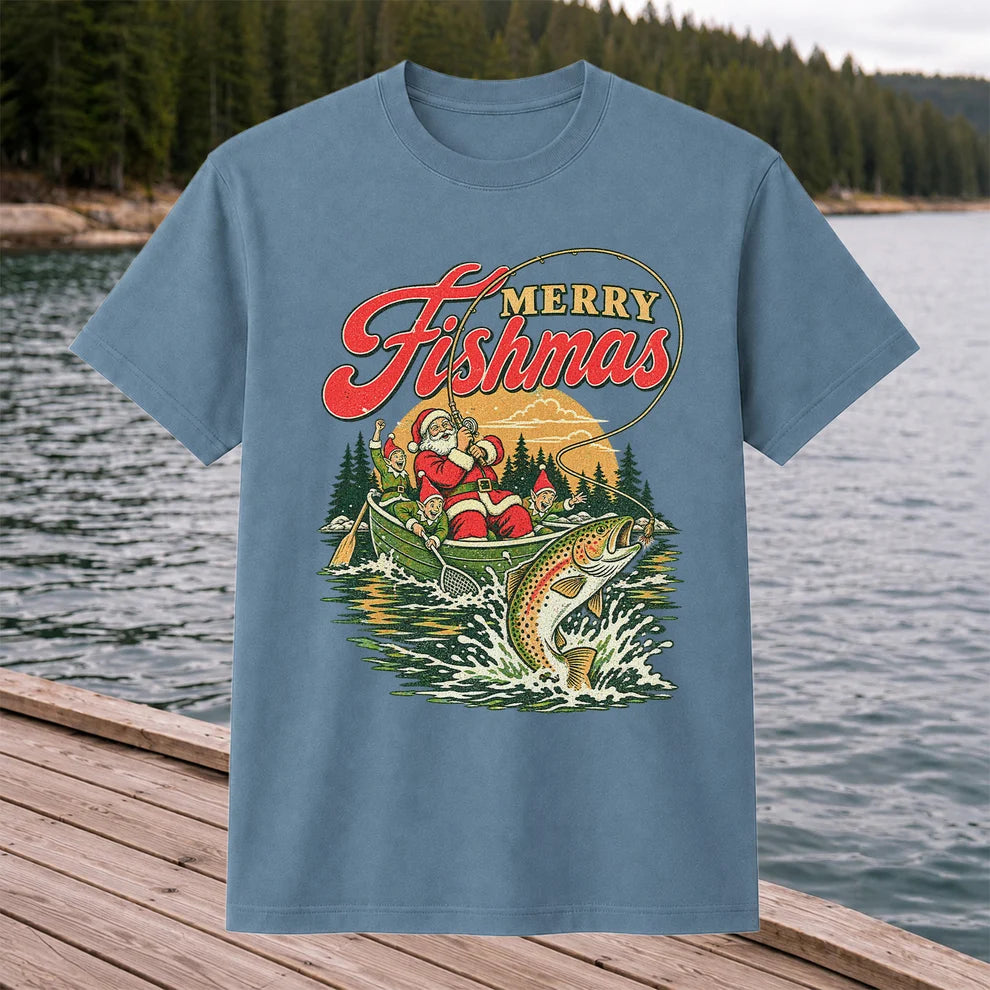 Merry Fishmas Santa and Elves Trout Fishing Christmas T-Shirt
