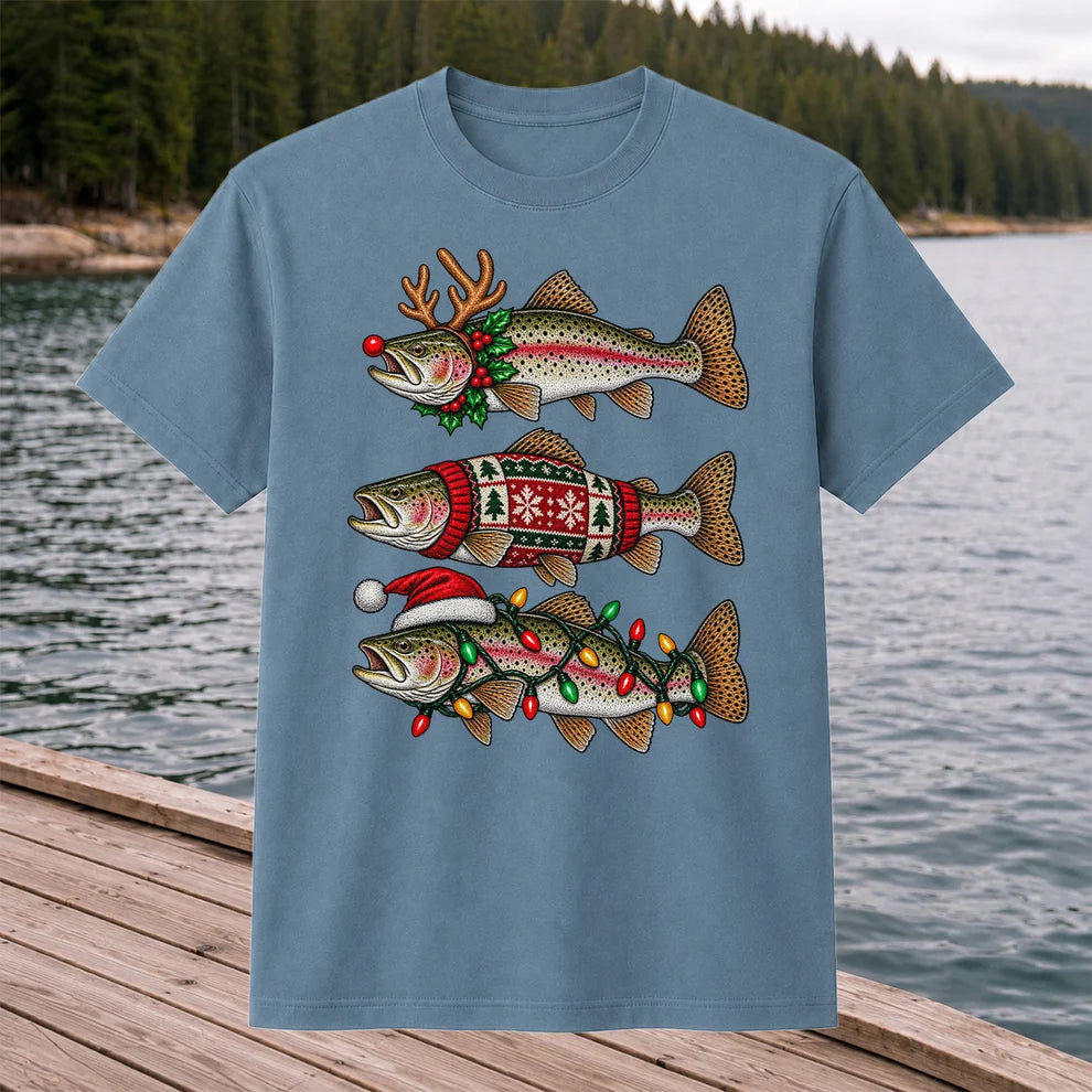 Christmas Trout Antlers Sweater and Lights Fishing T-Shirt