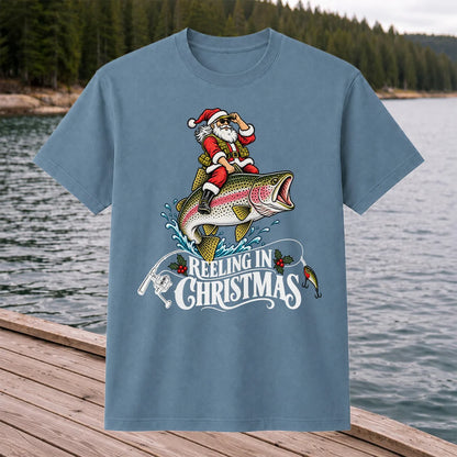 Reeling in Christmas Santa Rainbow Trout Fishing T-Shirt