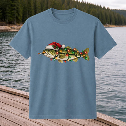 Christmas Bass Fishing Lights and Santa Hat Graphic T-Shirt