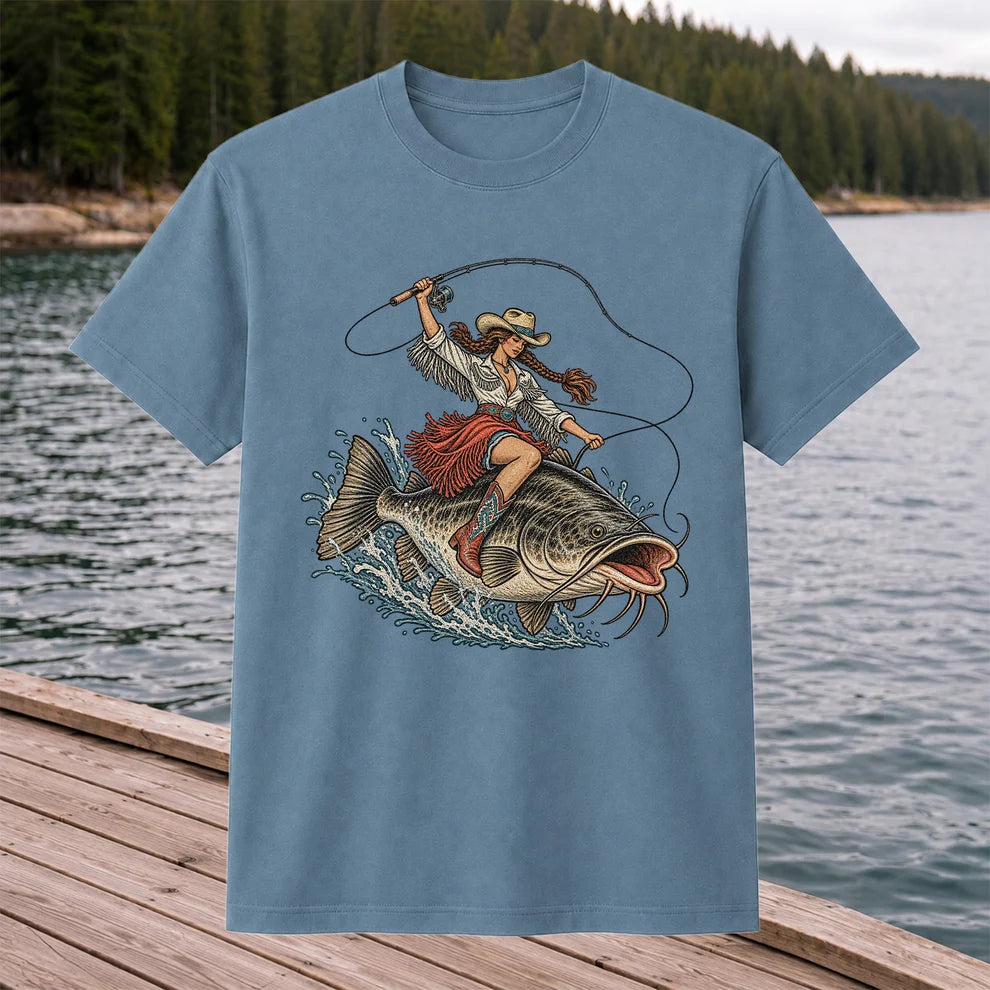 Cowgirl Riding a Largemouth Bass Fishing Graphic T-Shirt