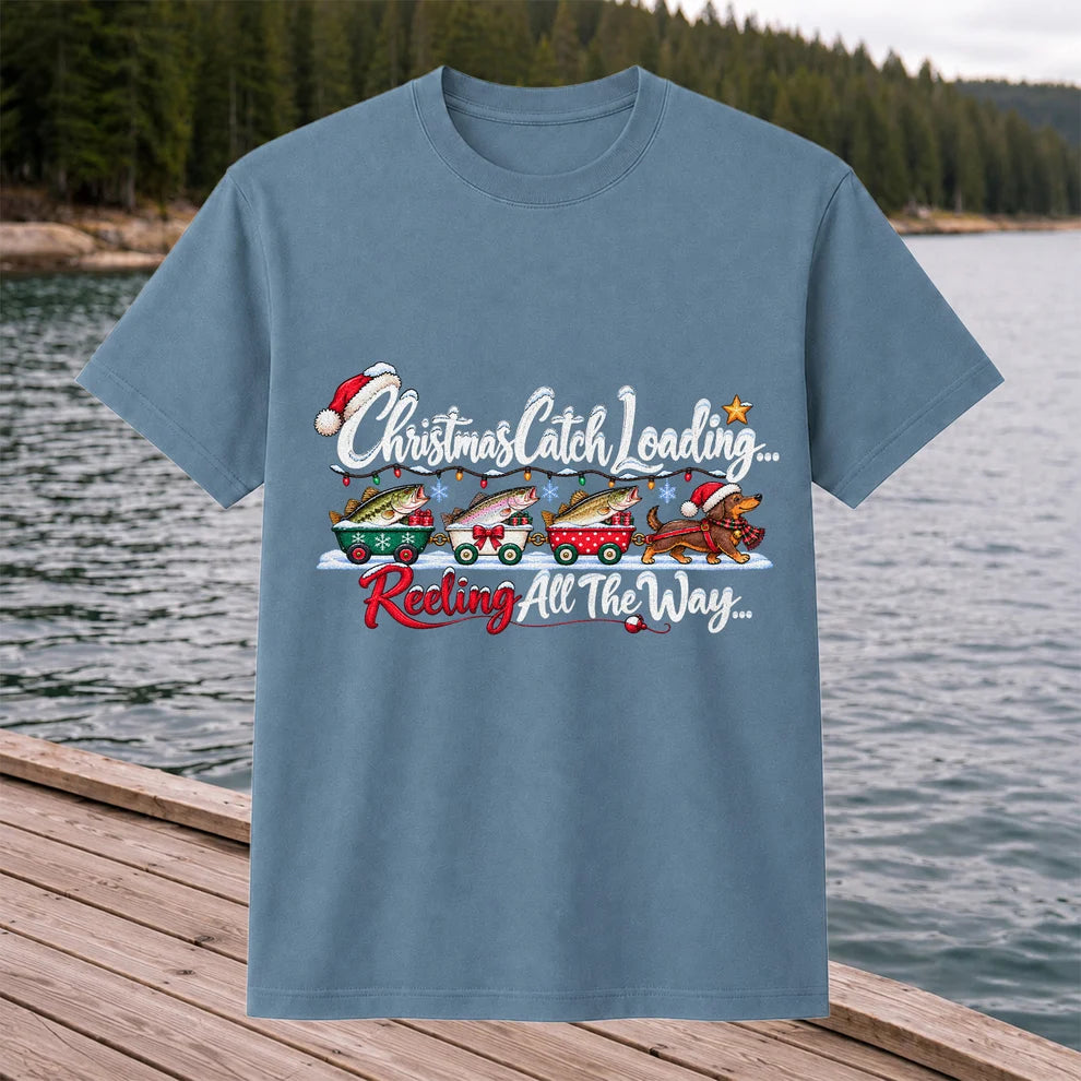 Christmas Fishing Train with Trout and Dog Graphic T-Shirt