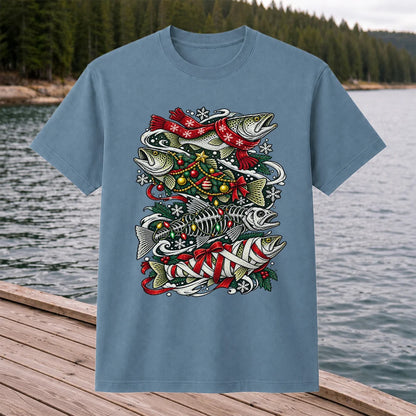 Christmas Trout and Fish Skeleton Holiday Fishing T-Shirt
