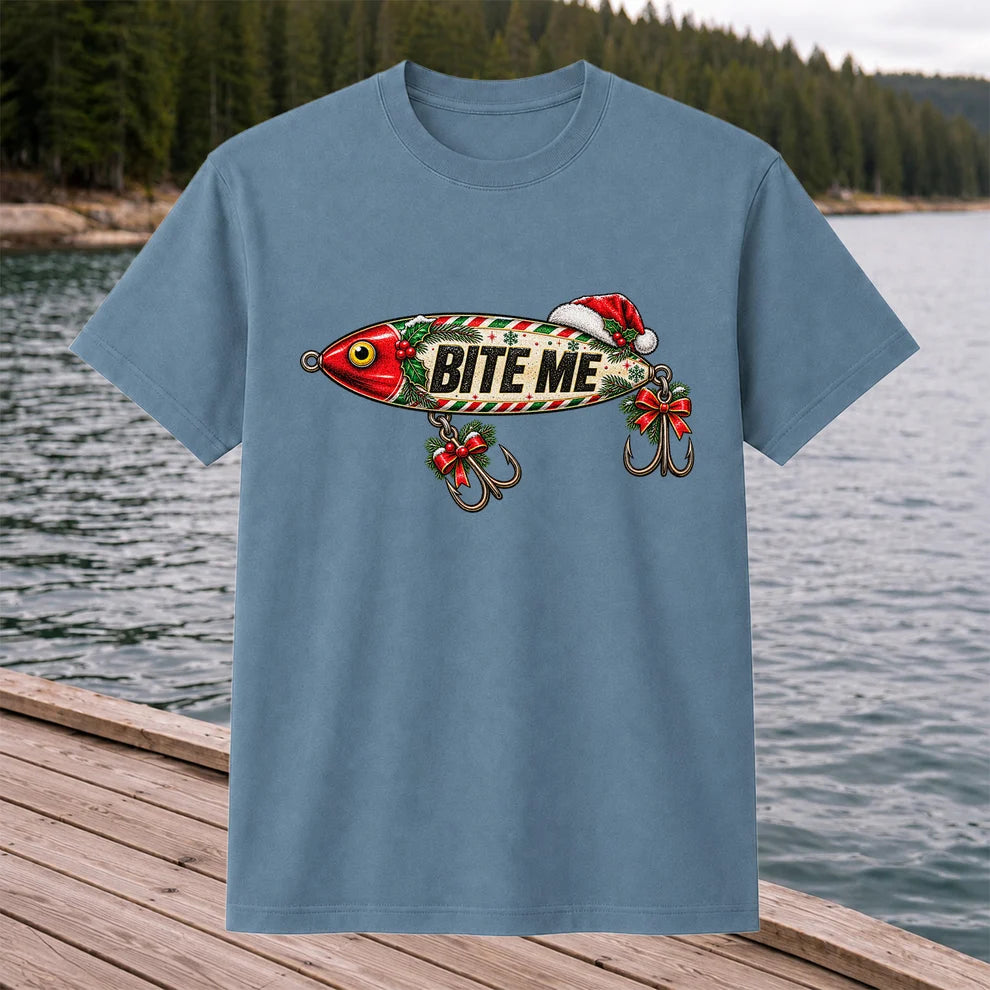 Bite Me Christmas Fishing Lure Funny Graphic T-Shirt