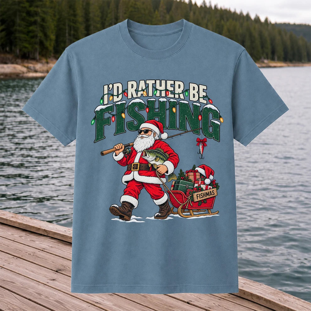 Santa Fishing with Bass Christmas Graphic T-Shirt