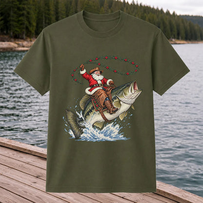Cowboy Santa Riding a Jumping Bass Christmas Fishing Graphic T-Shirt