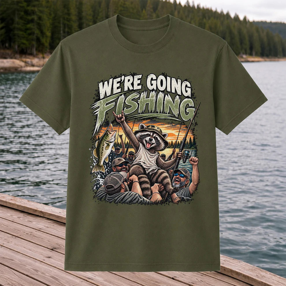 We're Going Fishing Raccoon Outdoor Fishing Graphic T-Shirt
