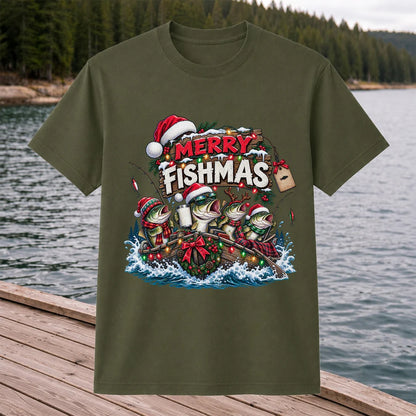 Merry Fishmas Christmas Bass in a Fishing Boat Graphic T-Shirt