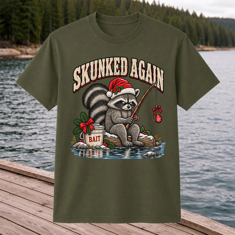 Skunked Again Raccoon Christmas Funny Fishing T-Shirt
