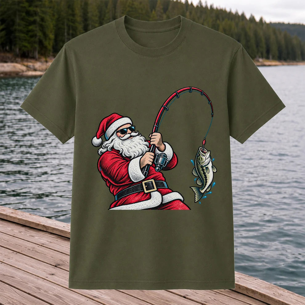 Santa Claus Catching a Bass Christmas Fishing Graphic T-Shirt