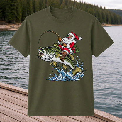 Santa Claus Riding a Bass Christmas Fishing Graphic T-Shirt