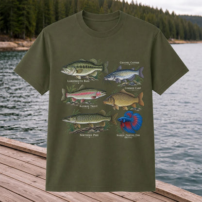 Bass Trout Catfish Carp Pike and Betta Freshwater Fish Graphic T-Shirt