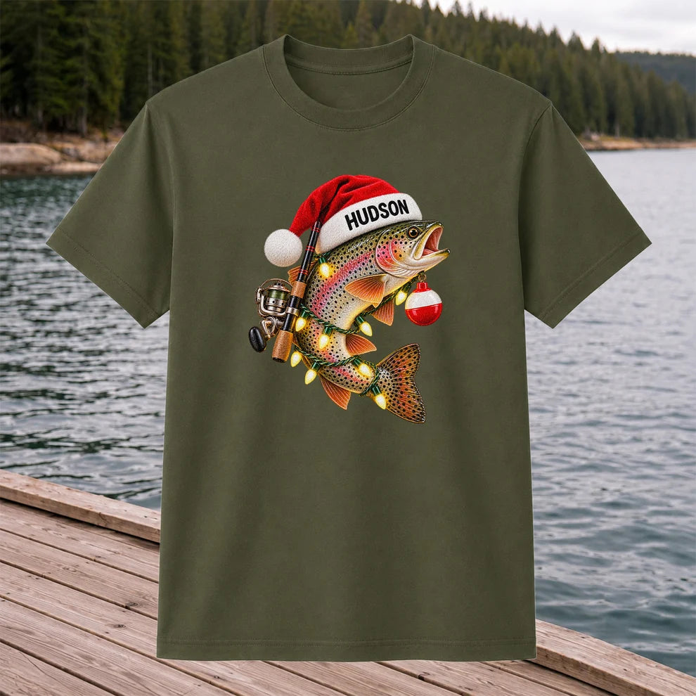 Hudson Santa Hat Rainbow Trout Christmas Fishing T-Shirt