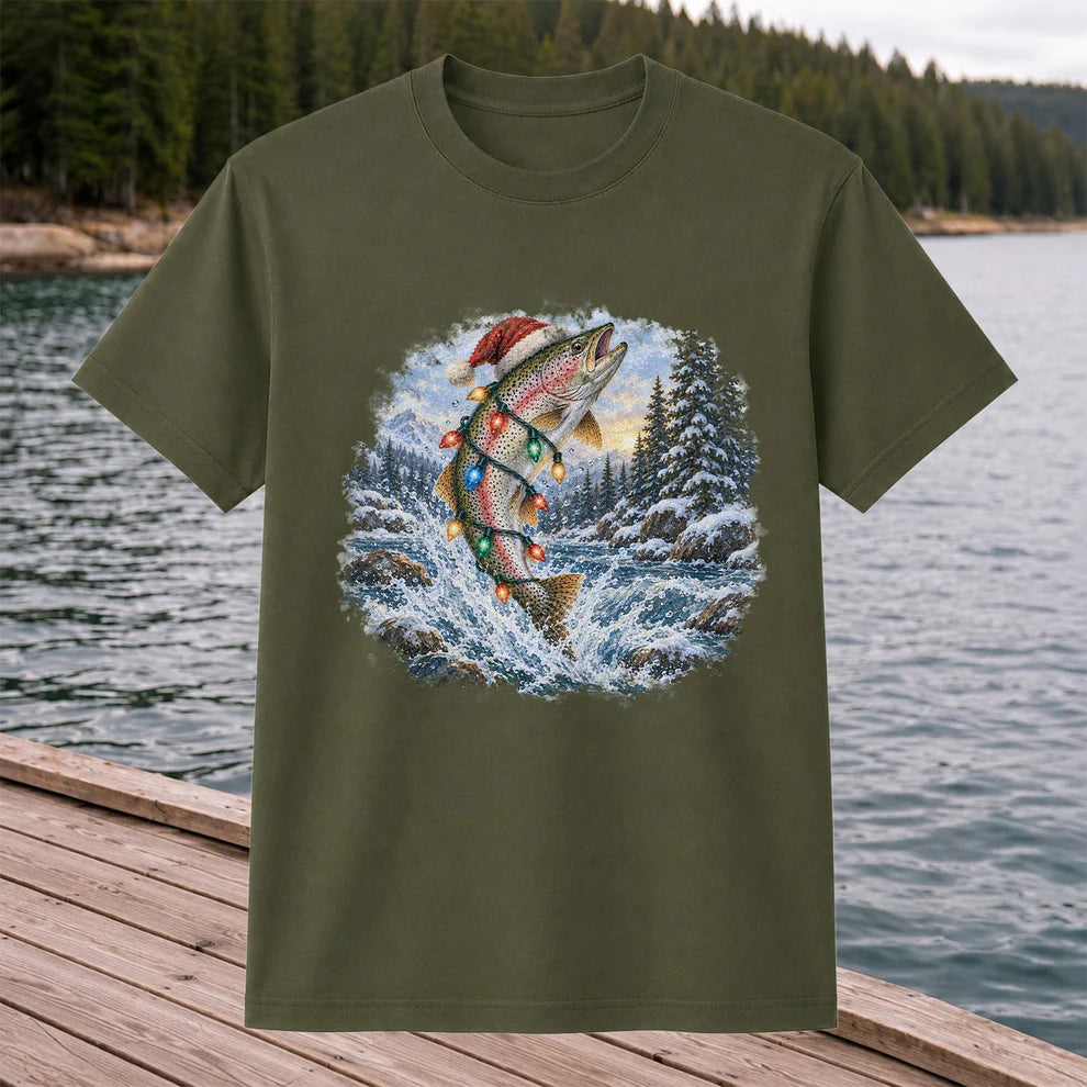 Santa Rainbow Trout with Christmas Lights Fishing T-Shirt