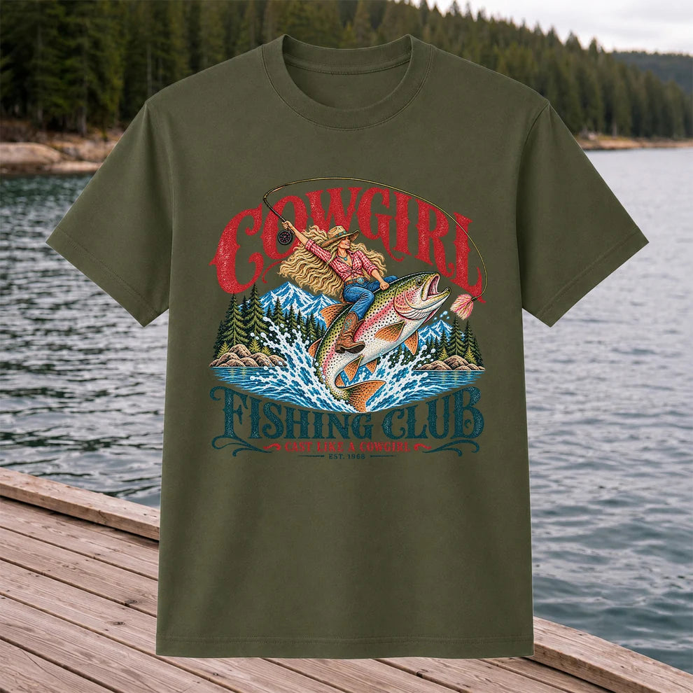 Cowgirl Riding Trout Fishing Club Graphic T-Shirt