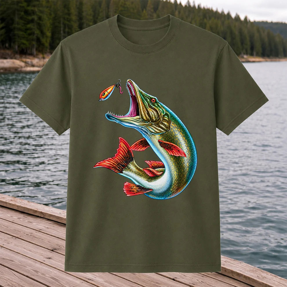 Northern Pike Chasing Fishing Lure Graphic T-Shirt