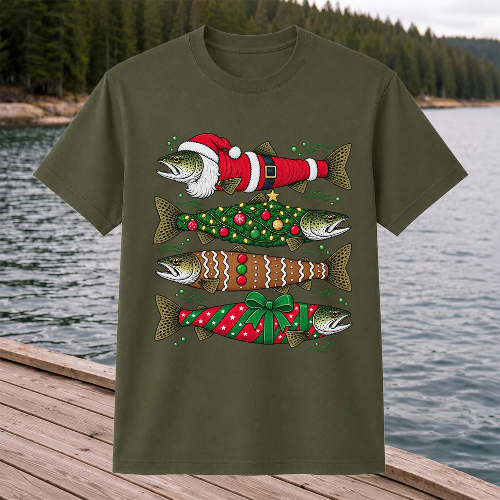 Christmas Trout Santa Tree and Gift Wrap Fishing T-Shirt