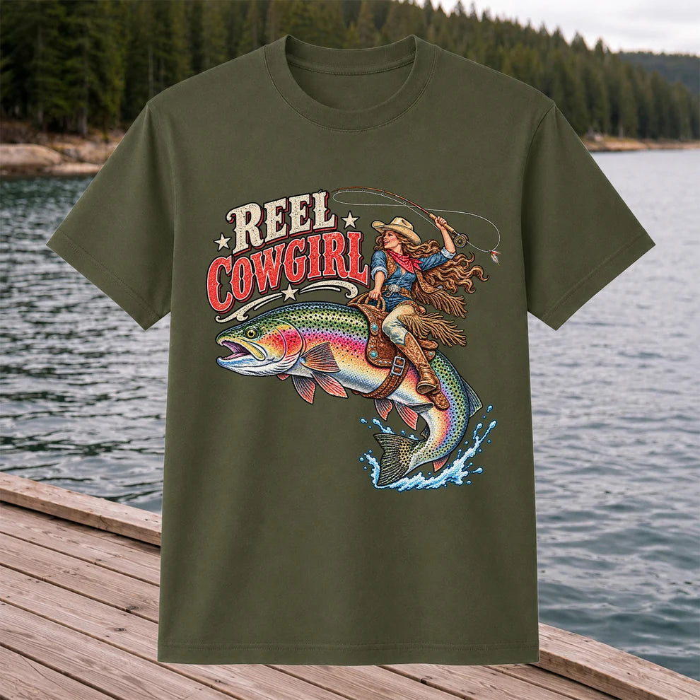 Reel Cowgirl Riding a Rainbow Trout Fly Fishing T-Shirt