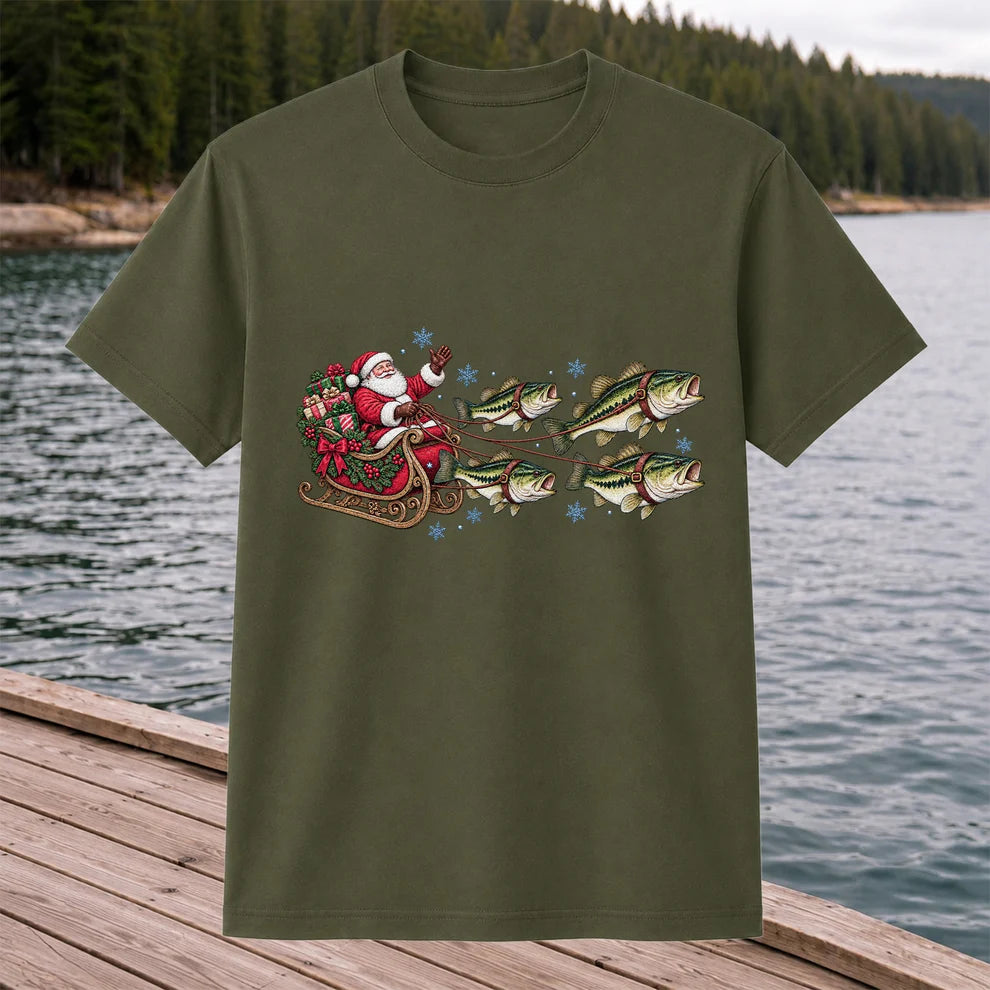 Santa in a Sleigh Pulled by Bass Christmas Fishing Graphic T-Shirt