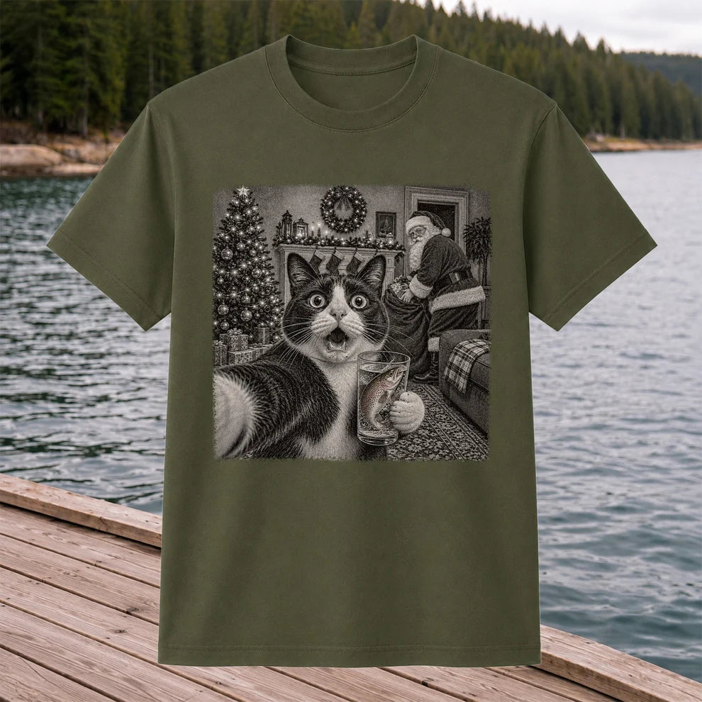 Christmas Cat Holding a Fish Mug Holiday Graphic T-Shirt