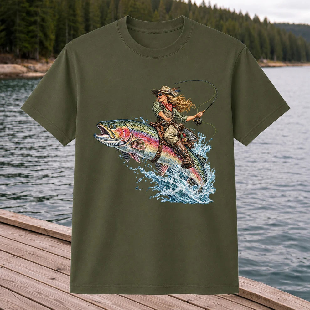 Cowgirl Riding a Rainbow Trout Fly Fishing Graphic T-Shirt