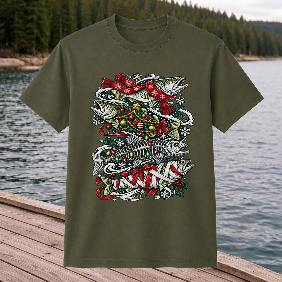 Christmas Trout and Fish Skeleton Holiday Fishing T-Shirt