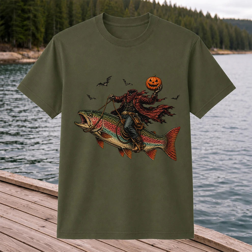 Halloween Cowboy Trout Fishing T-Shirt Pumpkin Fishing Tee