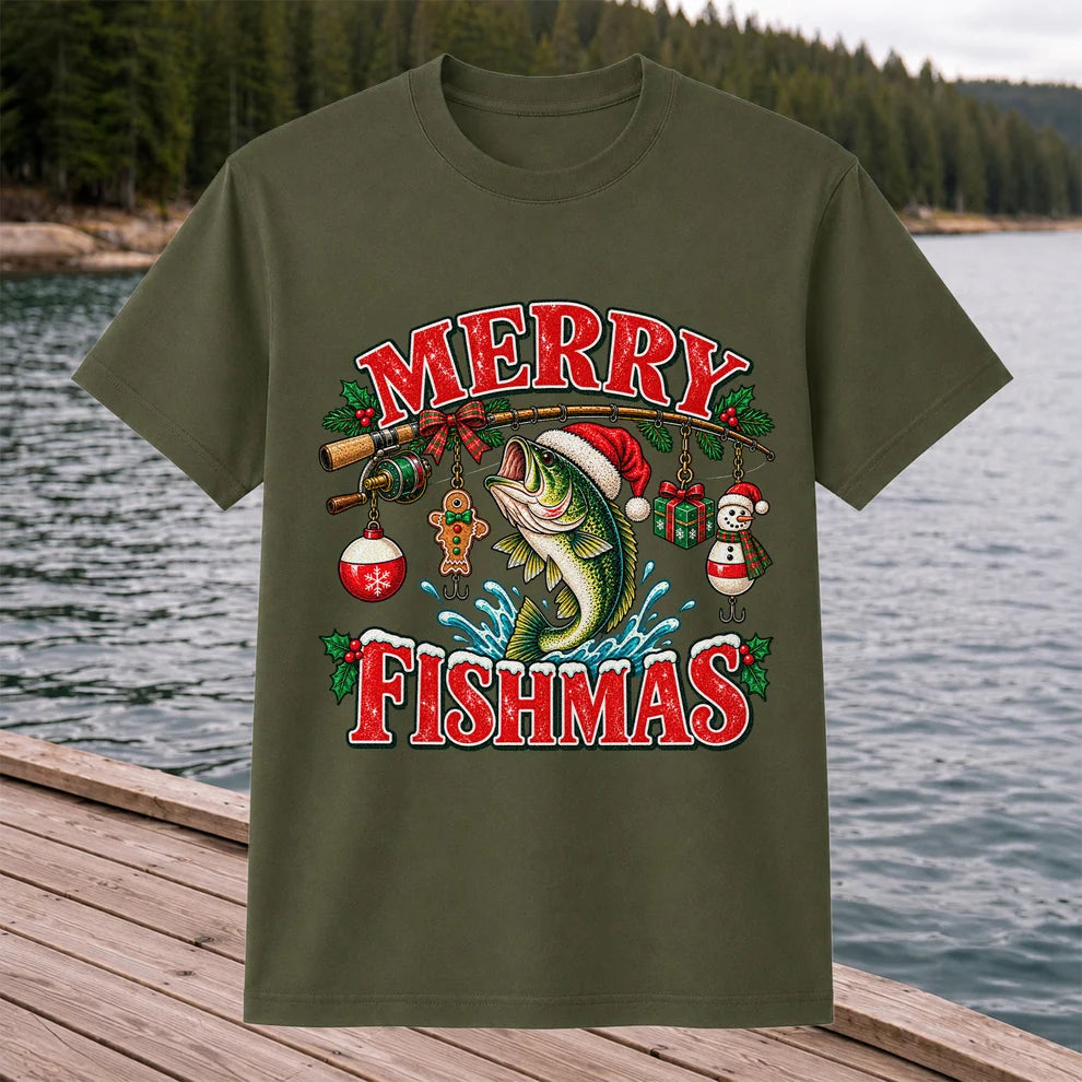 Merry Fishmas Santa Bass Christmas Fishing Graphic T-Shirt