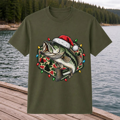 Santa Hat Largemouth Bass Christmas Fishing Graphic T-Shirt
