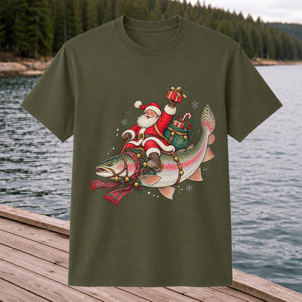 Santa Riding a Festive Rainbow Trout Christmas Fishing Graphic T-Shirt