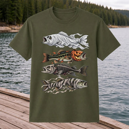 Halloween Bass Ghost Pumpkin Skeleton and Mummy Fish Graphic T-Shirt